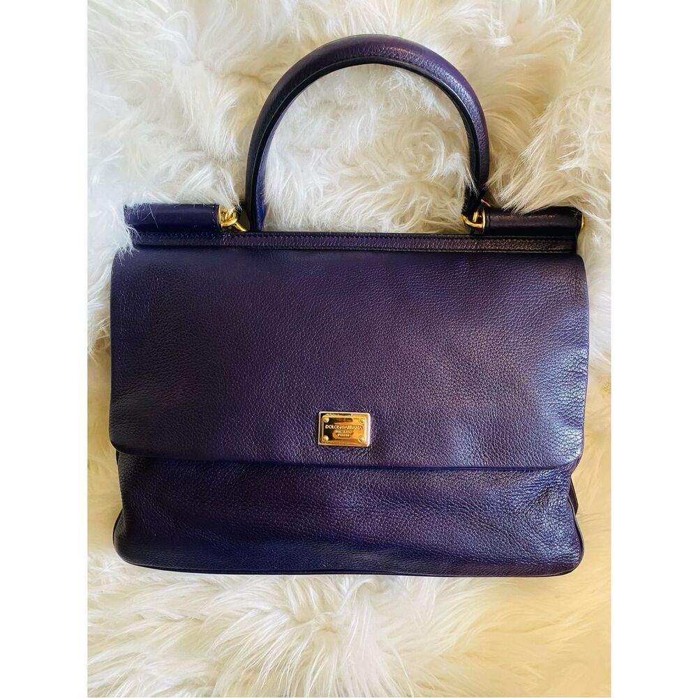 Dolce & Gabbana Sicily 62 large top handle bag in purple pebbled leather. Auth.